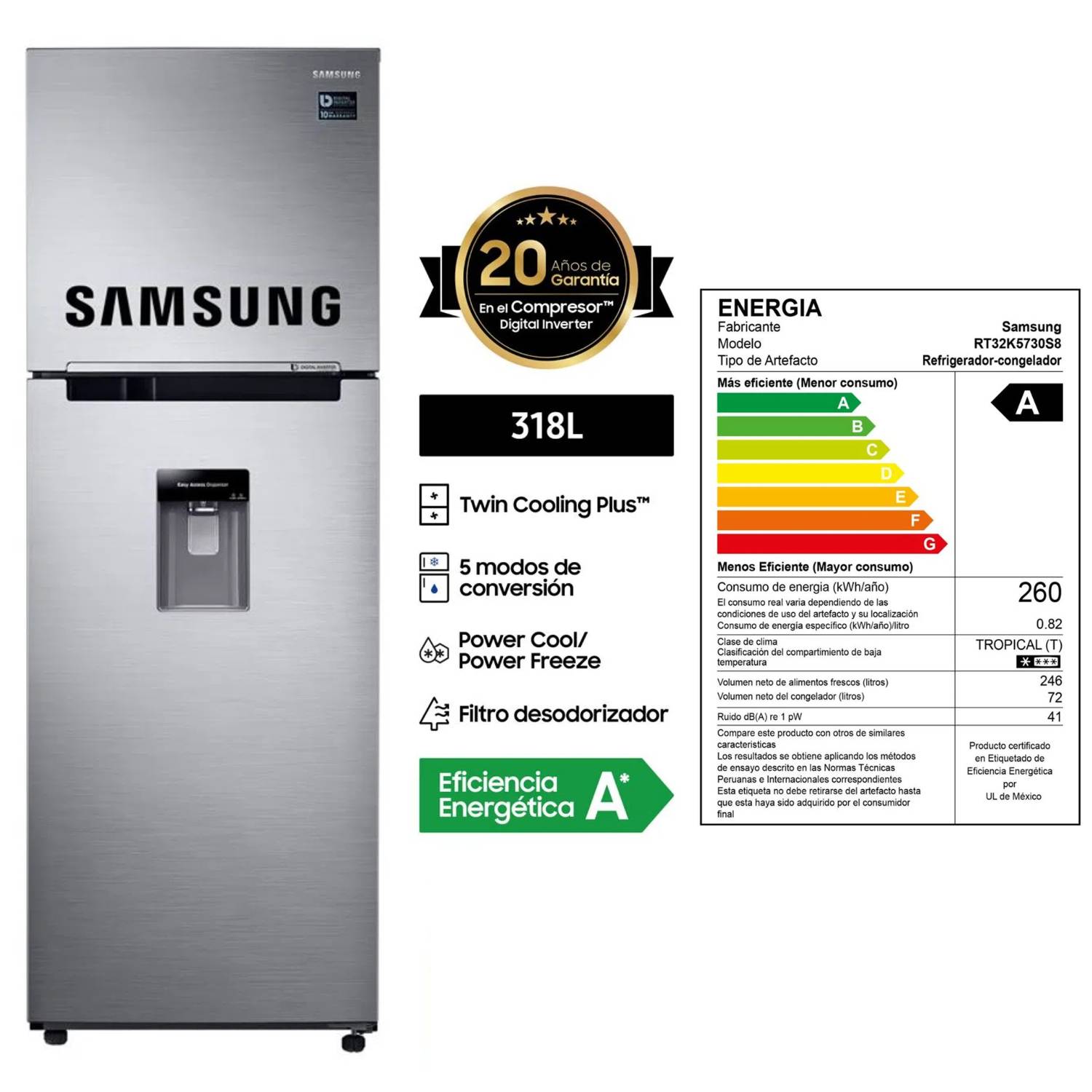 Refrigeradora Samsung Top Mount 318Lt RT32K5730S8 Inox